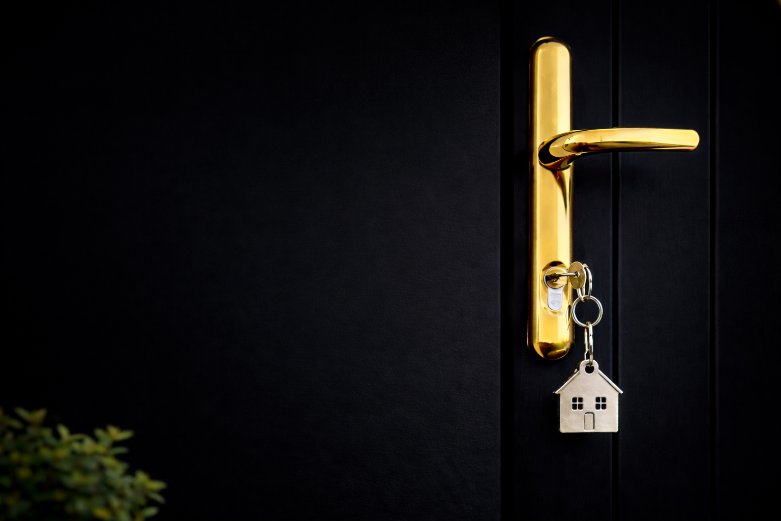 Black door with gold handle, including keychain in the shape of a home.